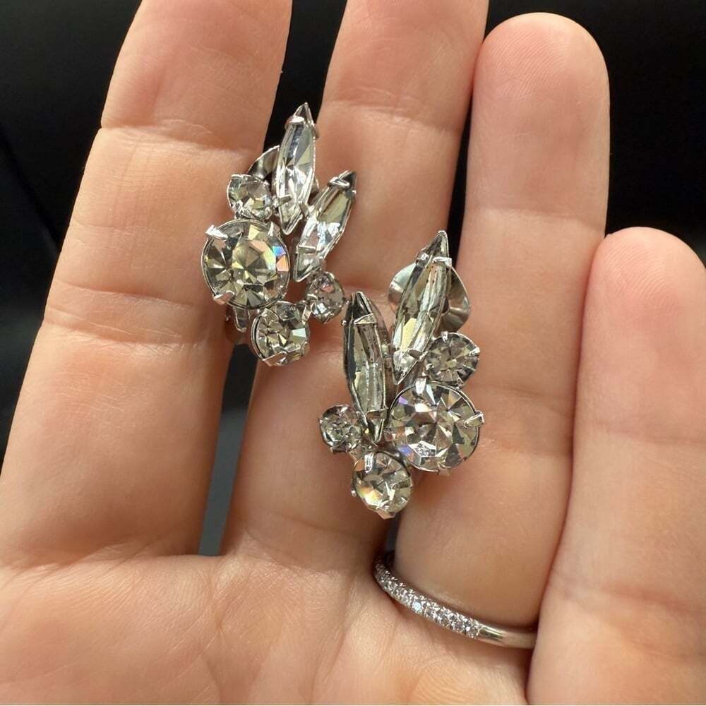 Sparkling Ice Crystal Cluster Earrings Signed Keyes - Clip On